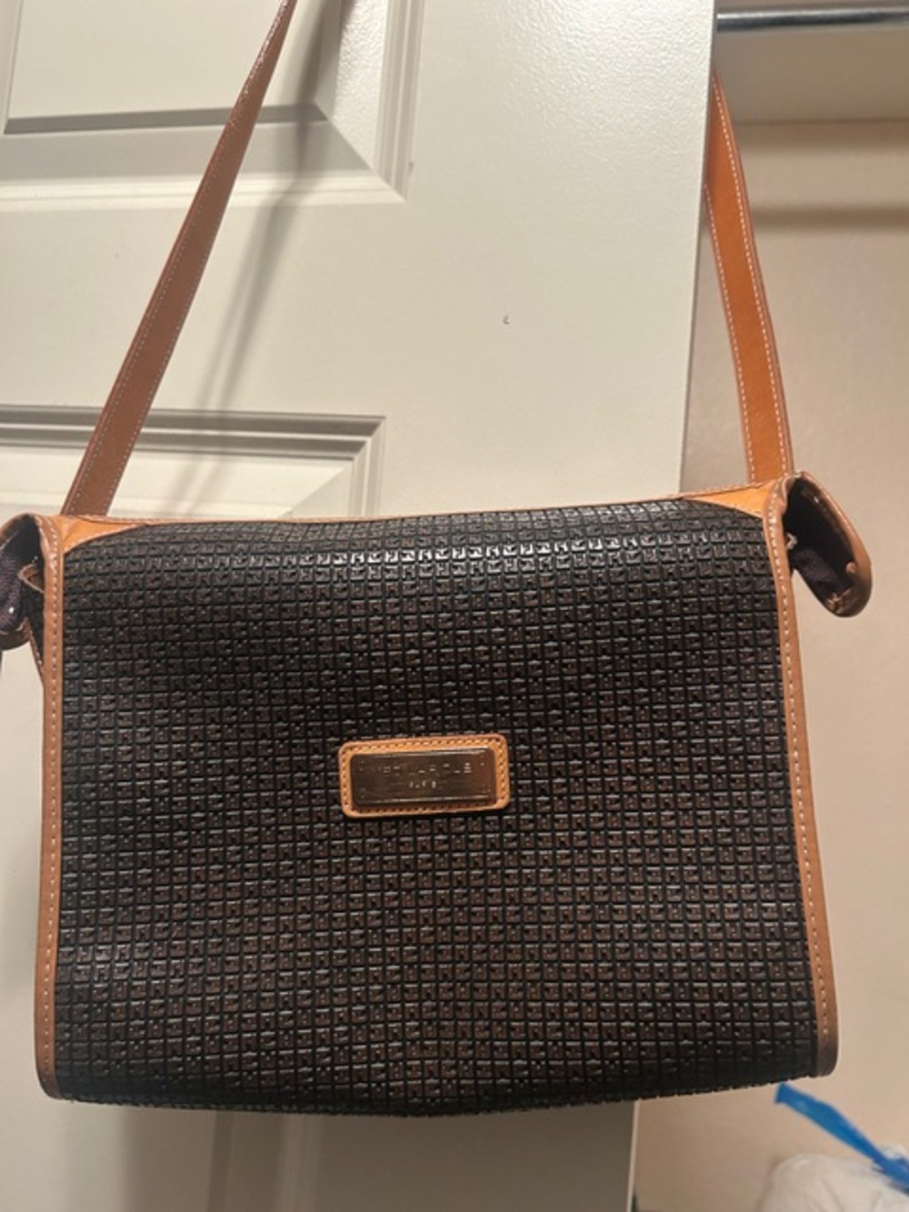 Ted Lapidus Woven-Pattern Brown Shoulder Bag with Tan Trim